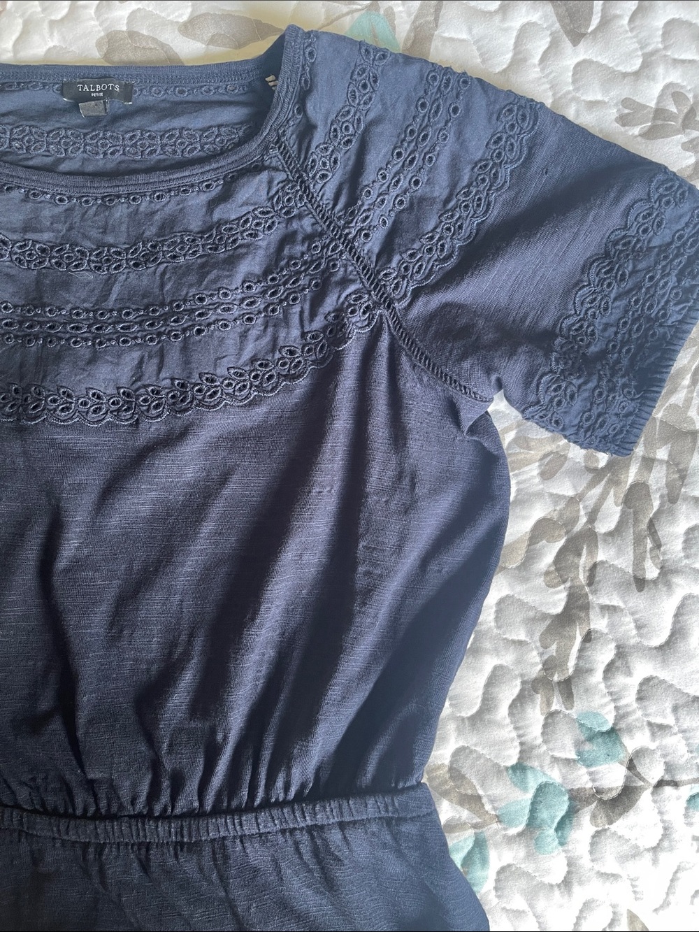 Talbots Eyelet Slub Knit Fit & Flare Navy Short Sleeve Dress Size Small Petite